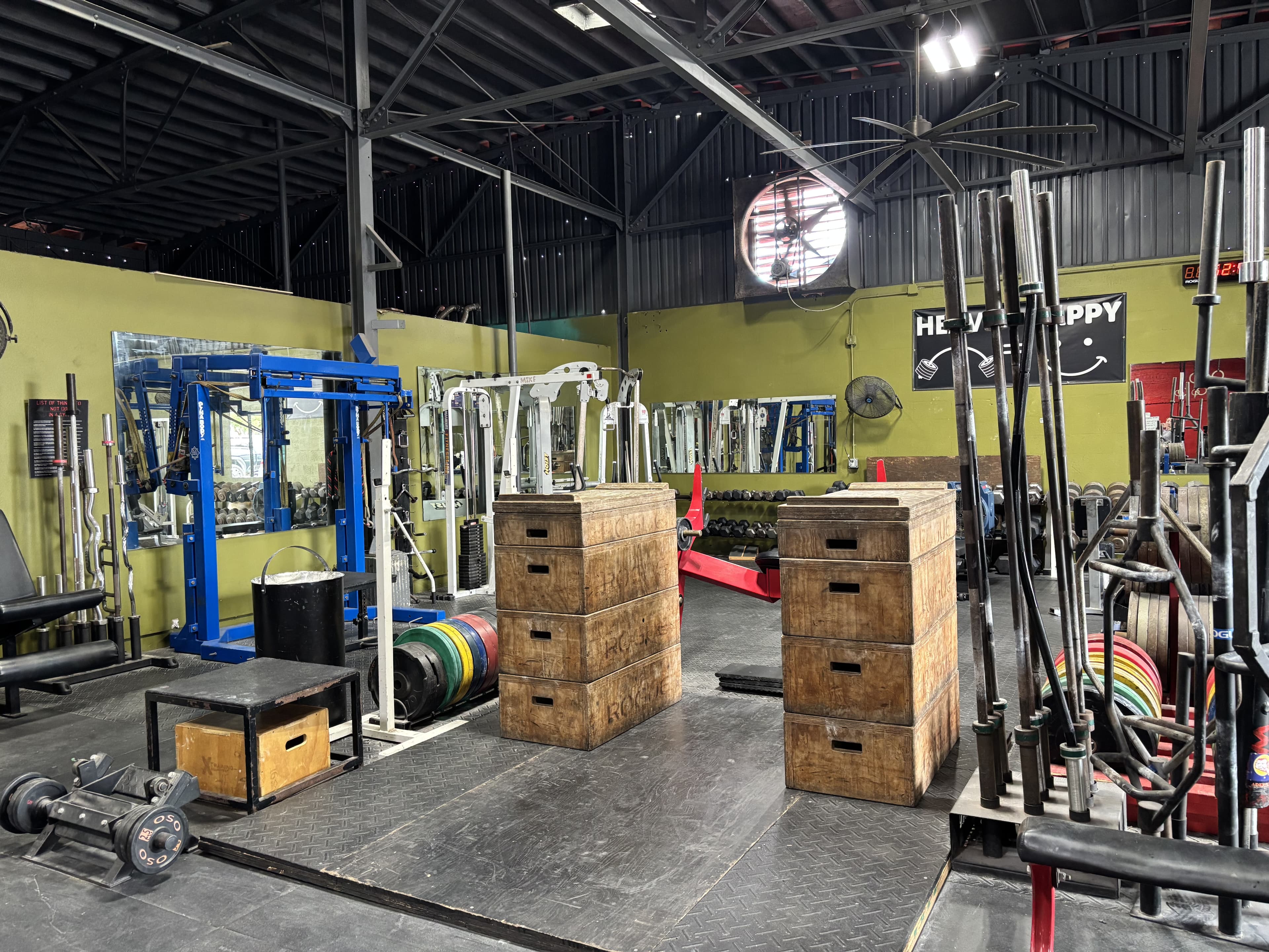 Rogue plyo boxes and bumper plates on the Havoc floor